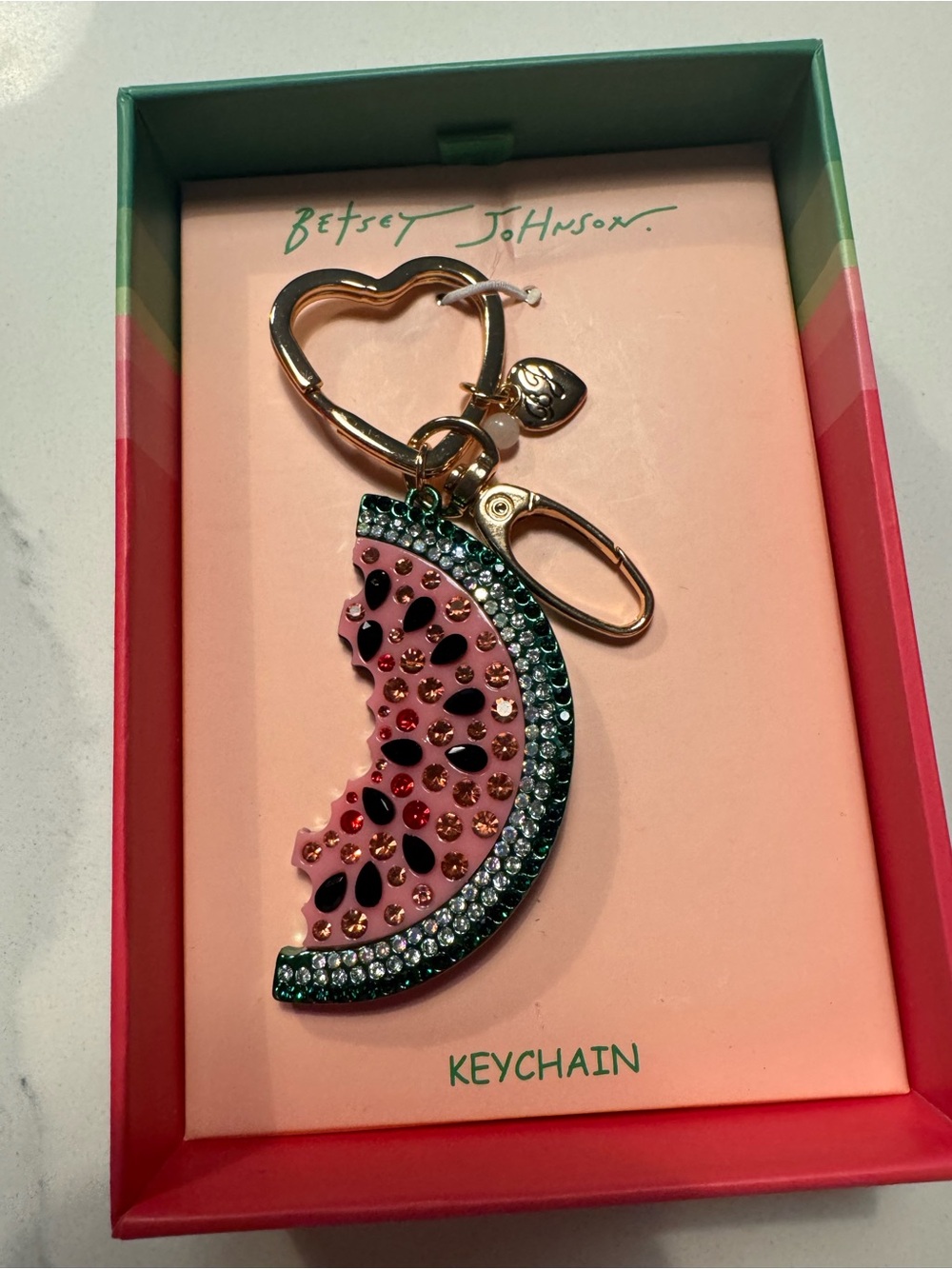 Betsey Johnson Pink & Green Watermelon Crystal Key Ring with Gold Heart Clip